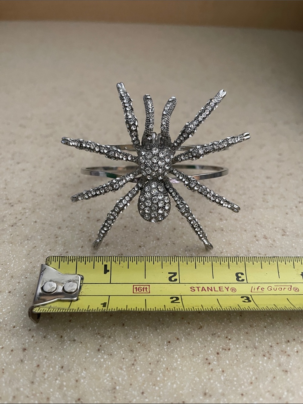 Silver Tone Crystal Spider Statement Bracelet - Avg Sz Hinge Cuff EUC